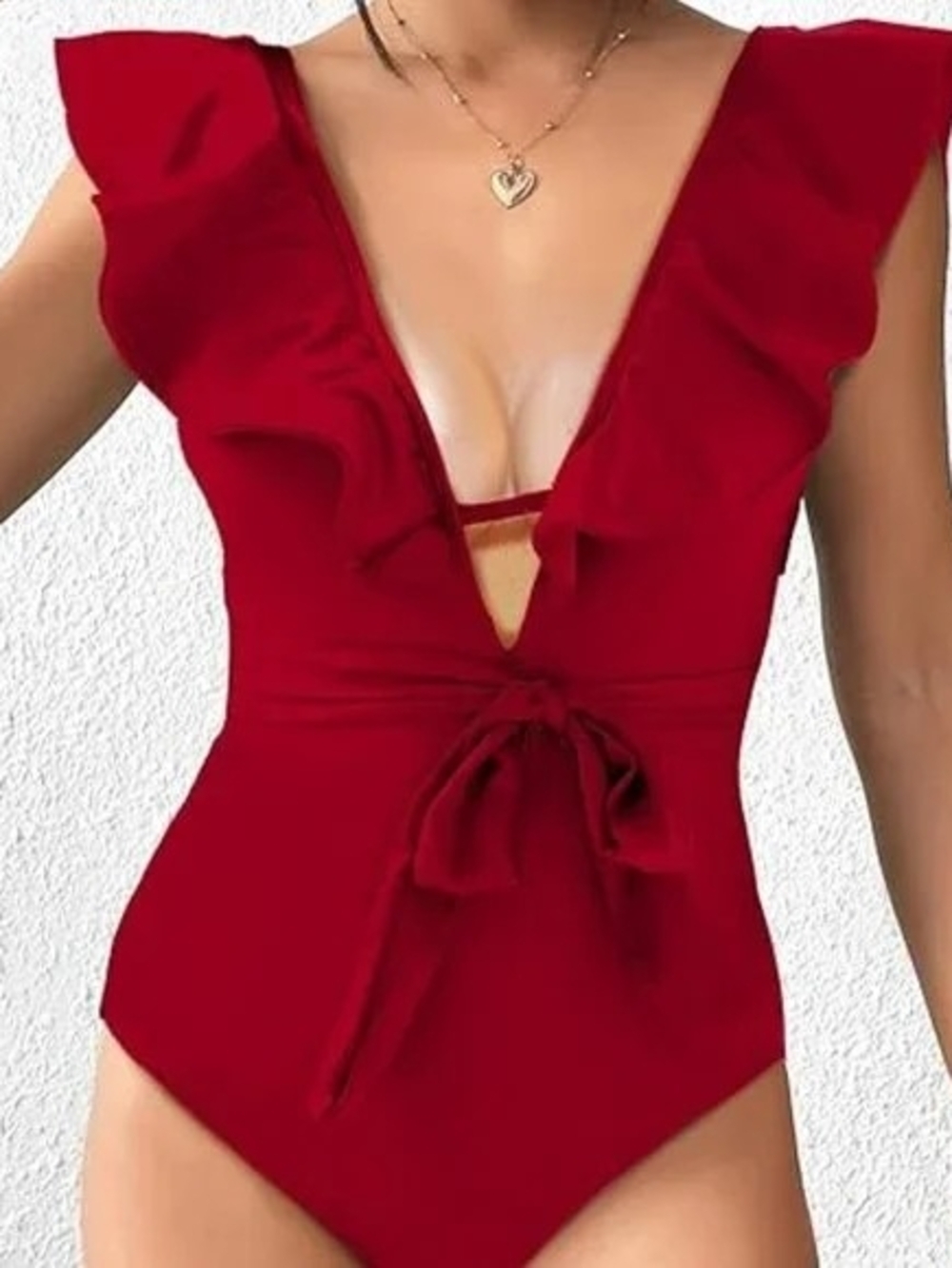 NWT Sporlike Red Ruffle Plunge One-Piece Swimsuit Size Small
